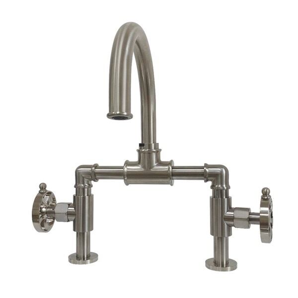 Indstrl Style Wheel Handle Bridge Bathroom Faucet W/Pop-Up Drain, Nkl